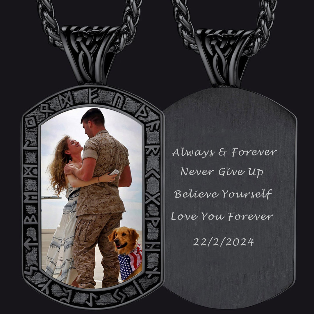 Personalized Picture Dog Tag Necklace with Viking Runes for Men