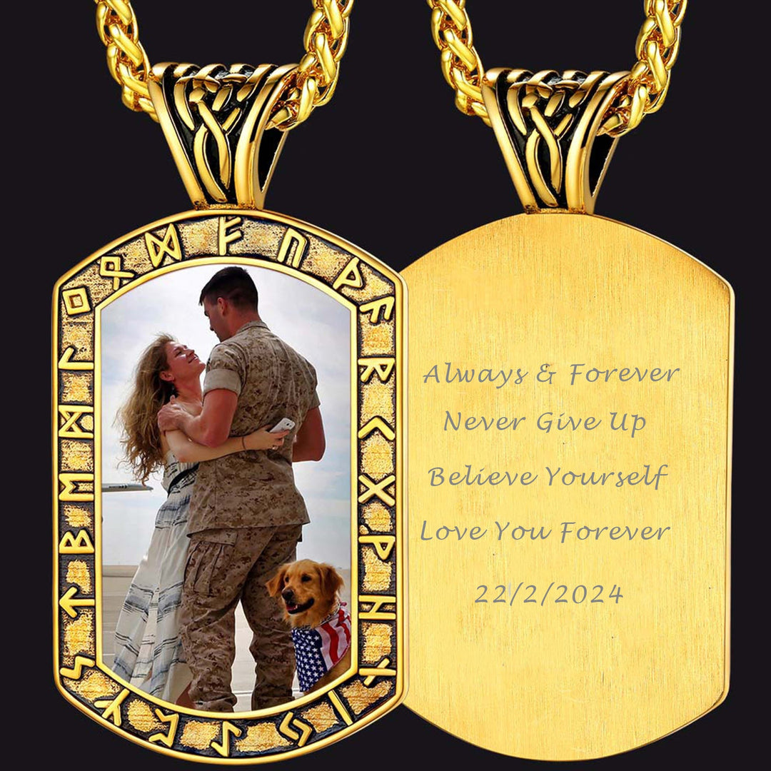 Personalized Picture Dog Tag Necklace with Viking Runes for Men