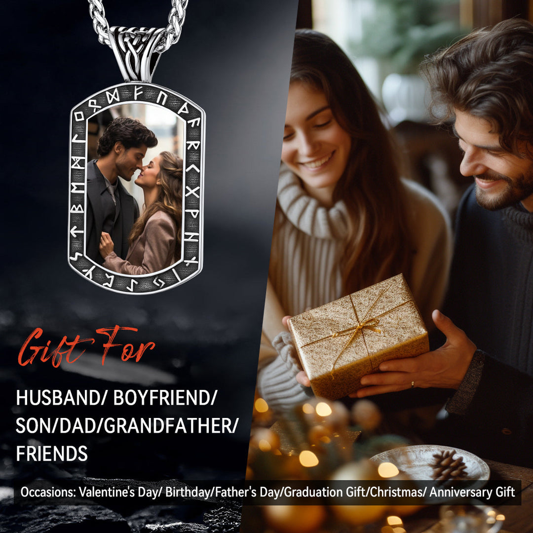 Personalized Picture Dog Tag Necklace with Viking Runes for Men