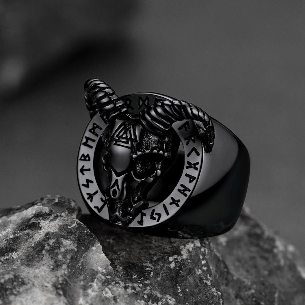 Satanic Goat Skull Ring With Viking Runes For Men