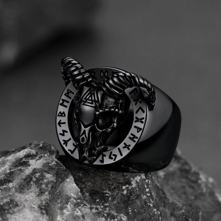 Satanic Goat Skull Ring With Viking Runes For Men