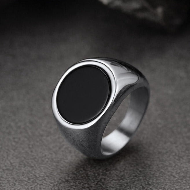 Round Black Onyx Signet Ring for Men Stainless Steel