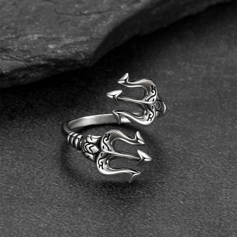 Greek Poseidon Trident Ring Adjustable Open Ring for Men