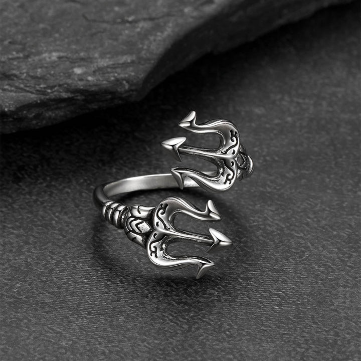 Greek Poseidon Trident Ring Adjustable Open Ring for Men