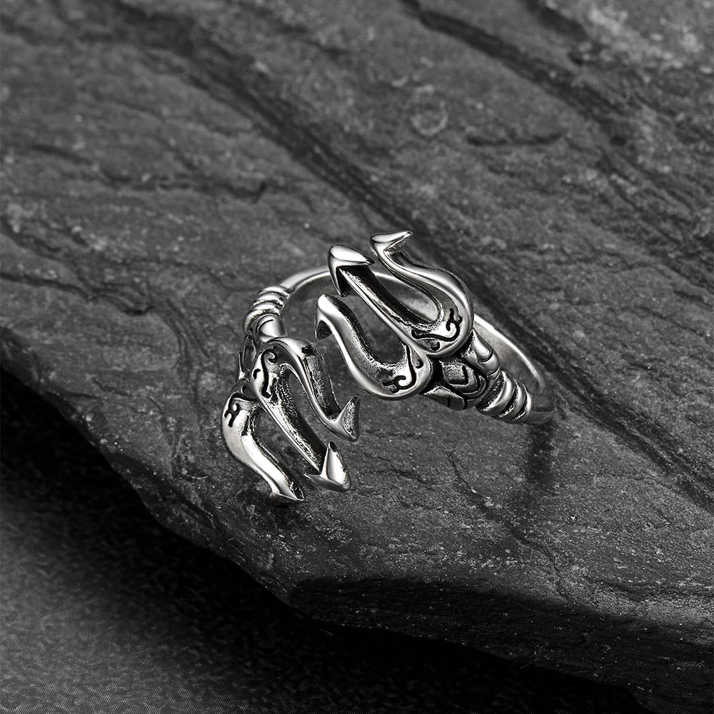 Greek Poseidon Trident Ring Adjustable Open Ring for Men