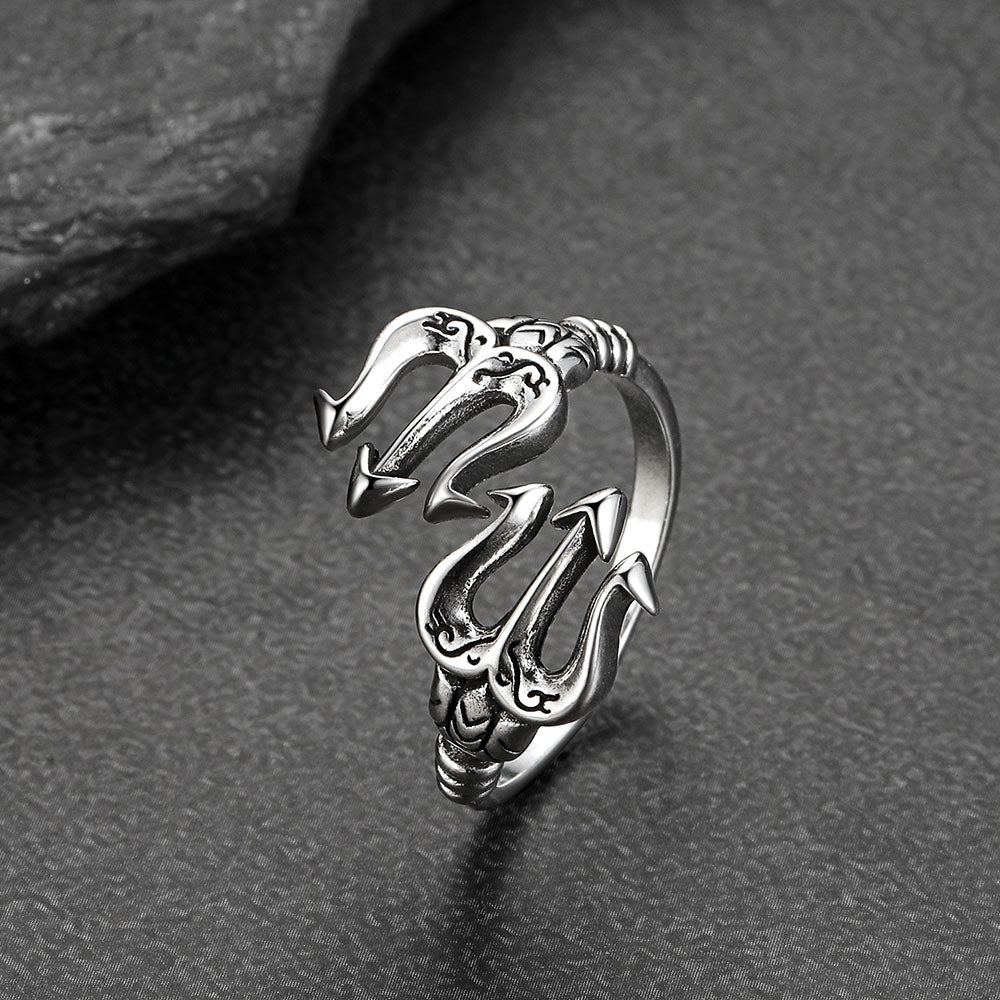 Greek Poseidon Trident Ring Adjustable Open Ring for Men