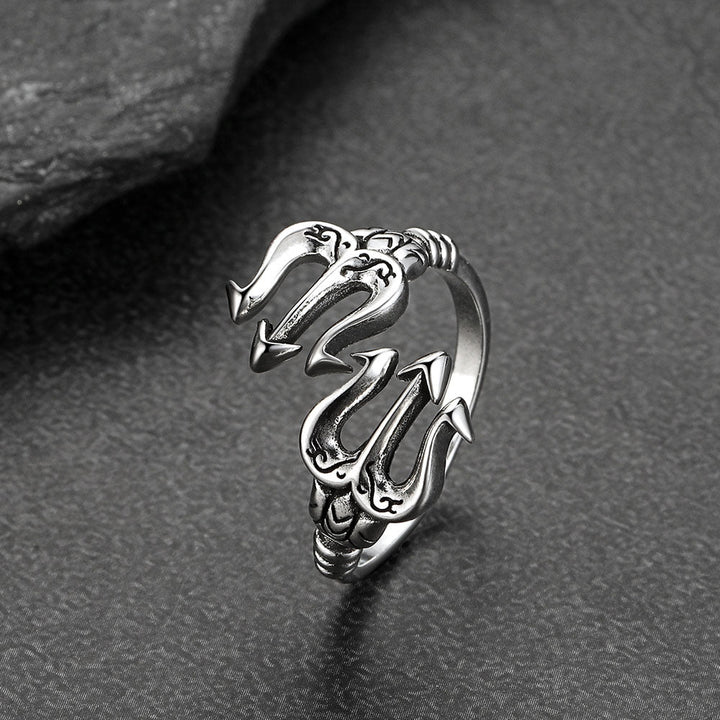 Greek Poseidon Trident Ring Adjustable Open Ring for Men