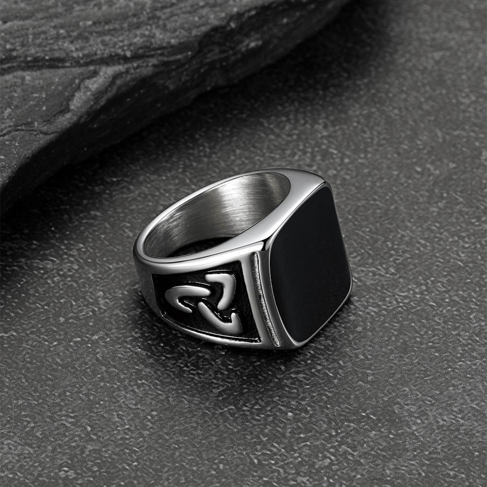 Viking Black Onyx Celtic Knot Signet Square Ring for Men