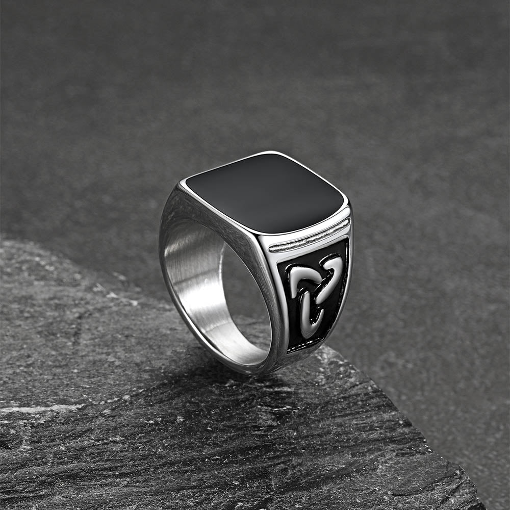 Viking Black Onyx Celtic Knot Signet Square Ring for Men