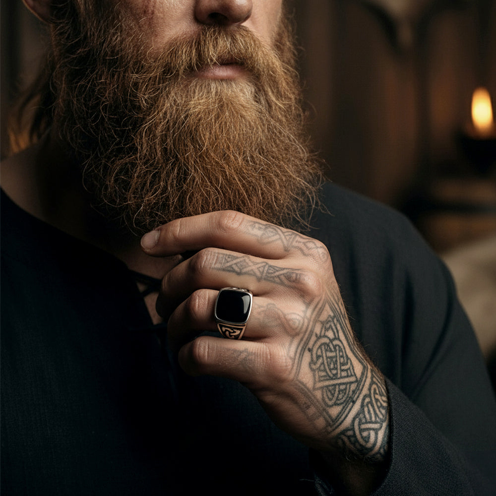 Viking Black Onyx Celtic Knot Signet Square Ring for Men