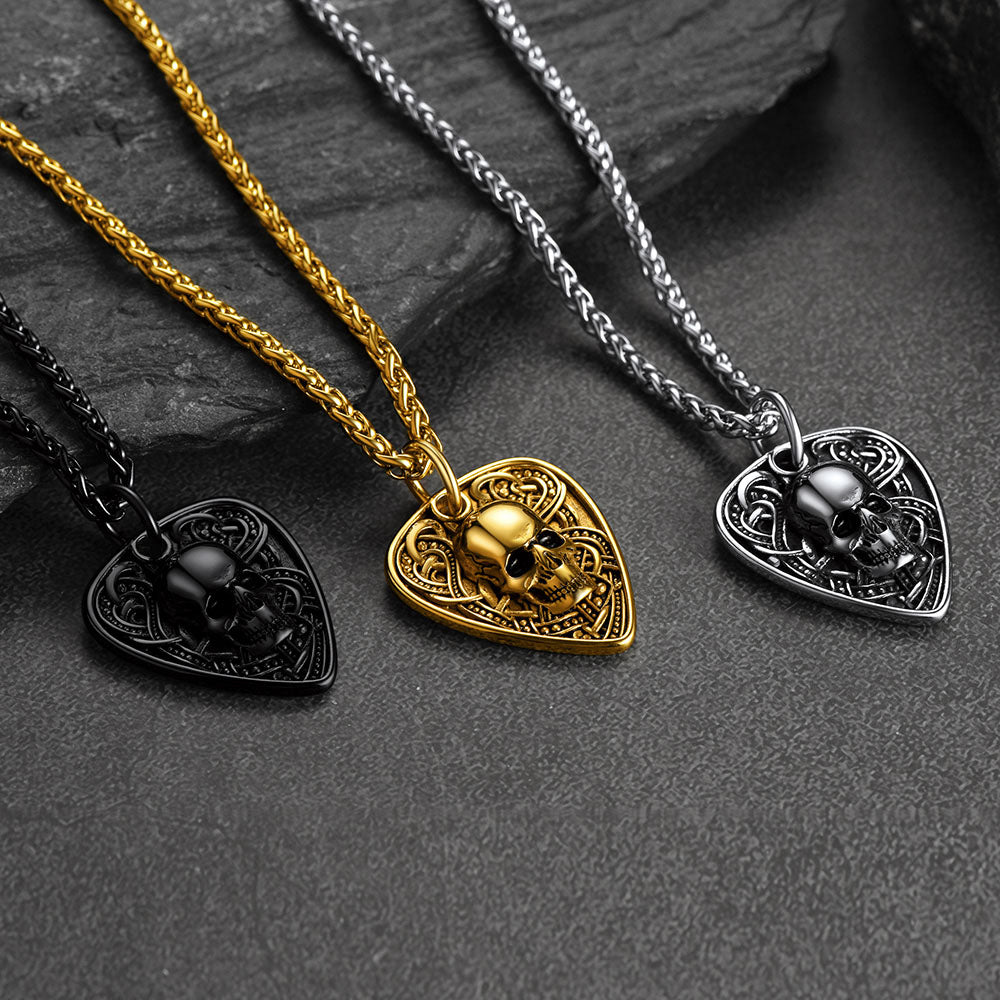 Punk Skull Guitar Pick Pendant Necklace for Men