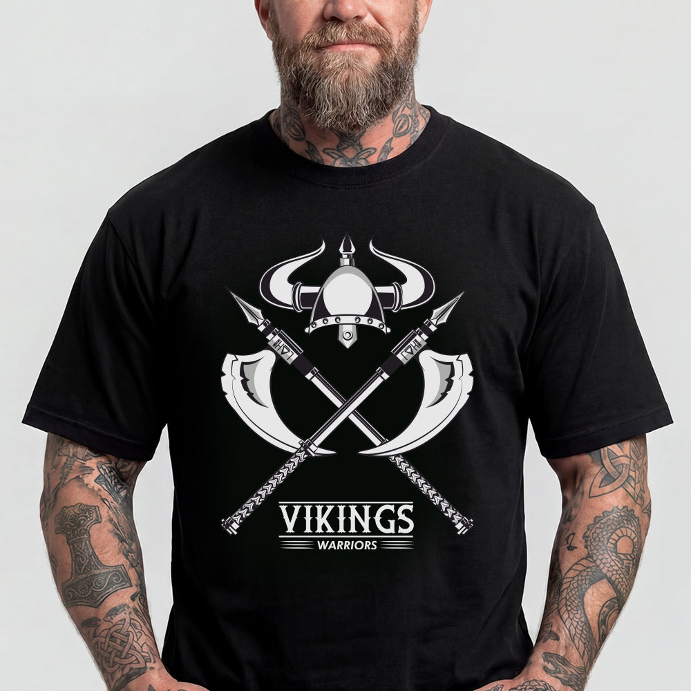 Viking Warriors Horned Helmet Crossed Battle Axes T-Shirt for Men