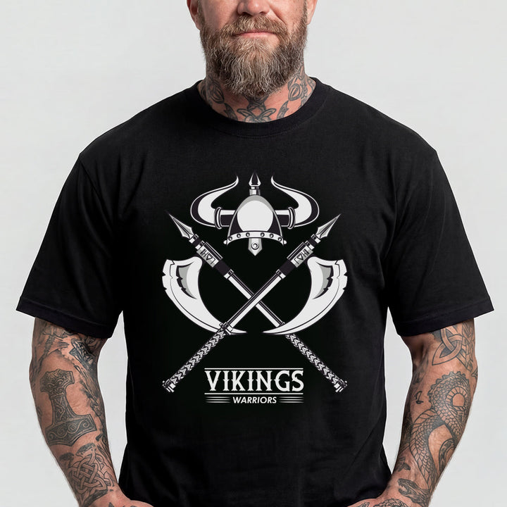 Viking Warriors Horned Helmet Crossed Battle Axes T-Shirt for Men