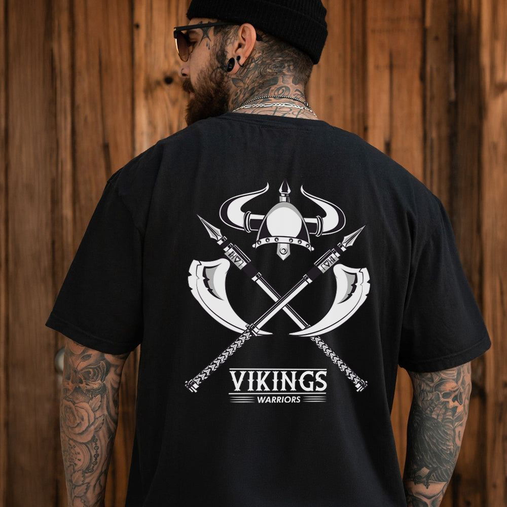 Viking Warriors Horned Helmet Crossed Battle Axes T-Shirt for Men