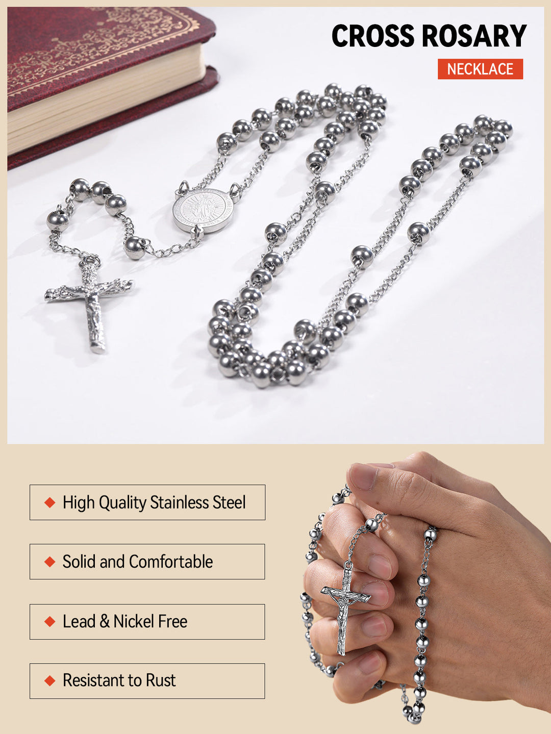 Catholic Virgin Mary Rosary Beads Cross Necklace Chain for Men Women