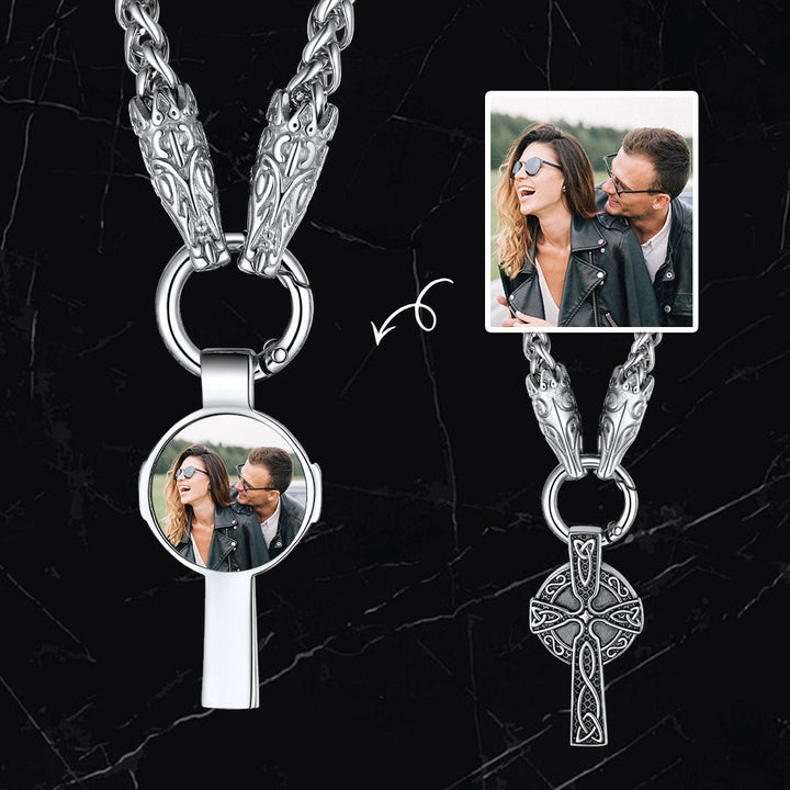 Personalized Celtic Cross Picture Necklace with Wolf King Chain