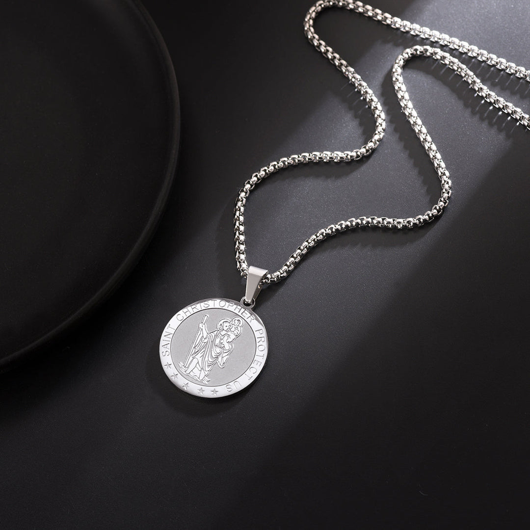 Round St. Christopher Medallion Necklace For Men