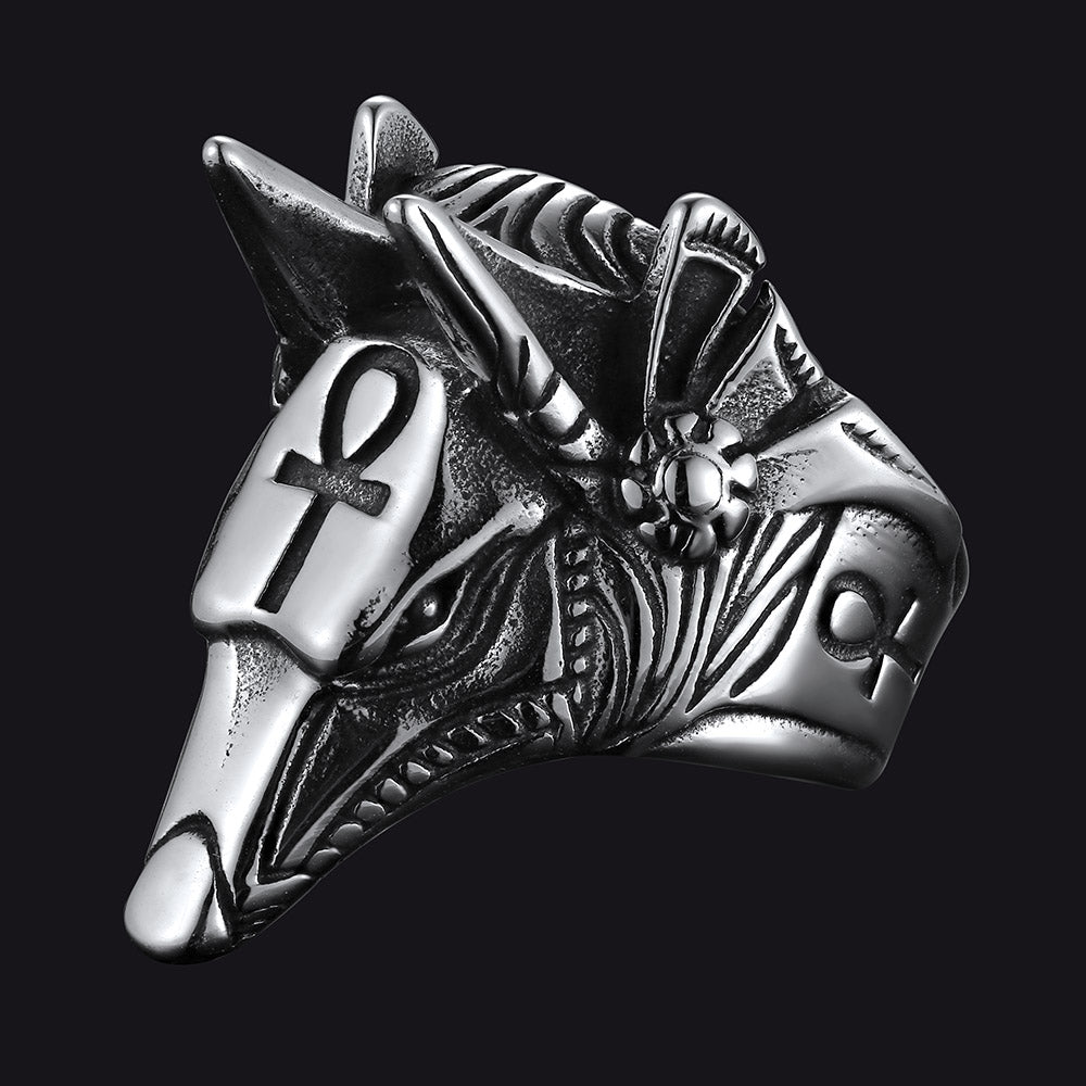 Ancient Egyptian Anubis Ring With Ankh Cross For Men