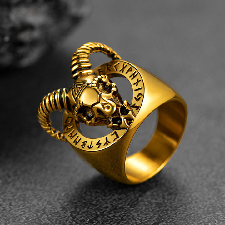 Satanic Goat Skull Ring With Viking Runes For Men