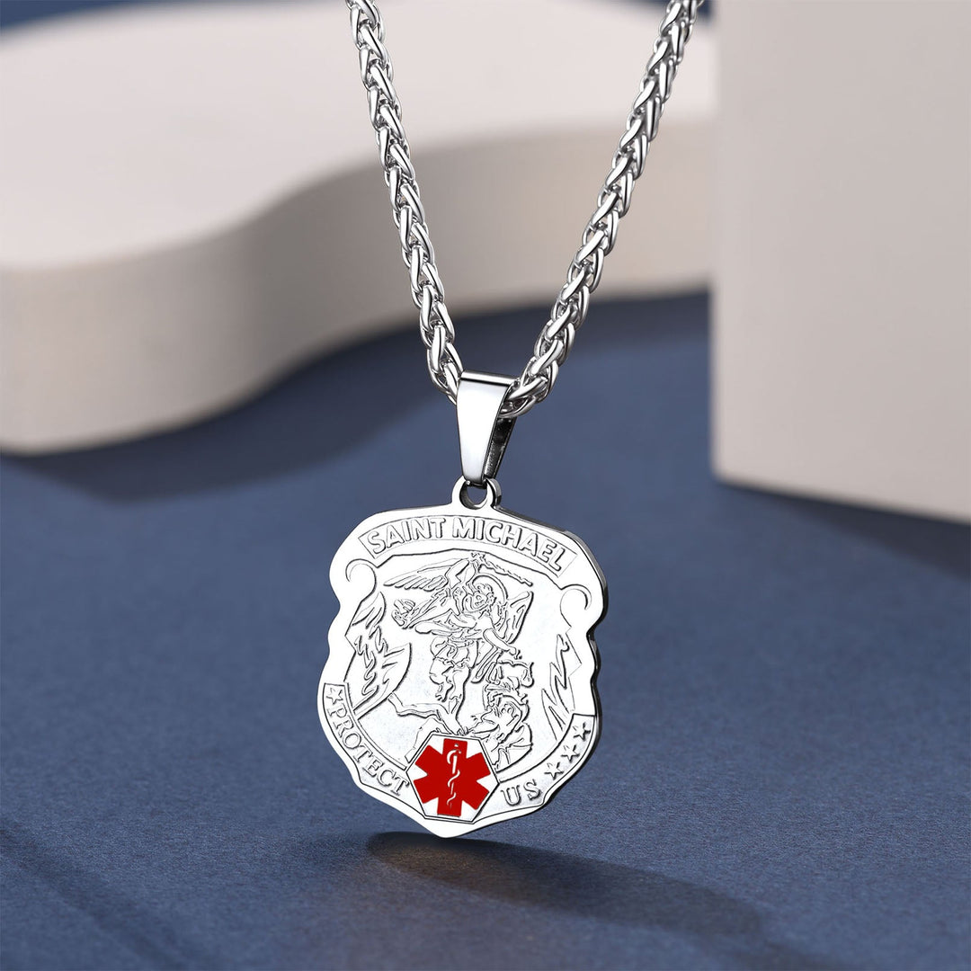 Engraved St. Michael Medical Alert ID Necklace for Men