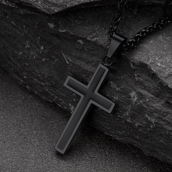 Flat Box Link Chain & Black Enamel Cross Layered Necklaces Set for Men