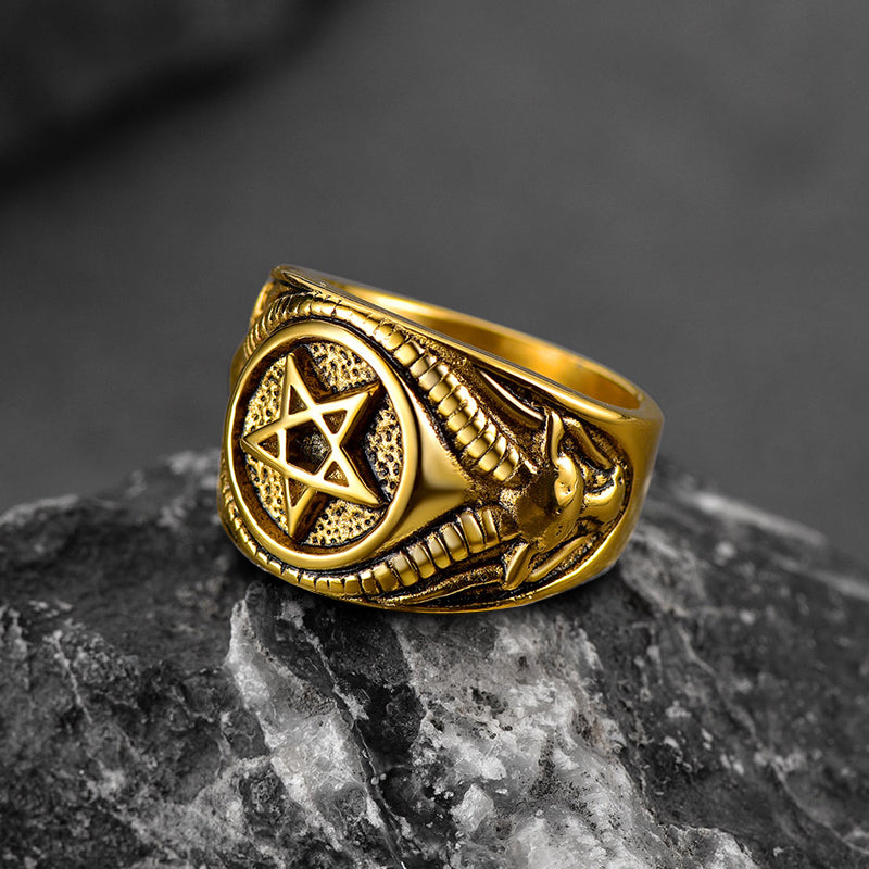 Satanic Goat Pentagram Ring Baphomet Ring for Men