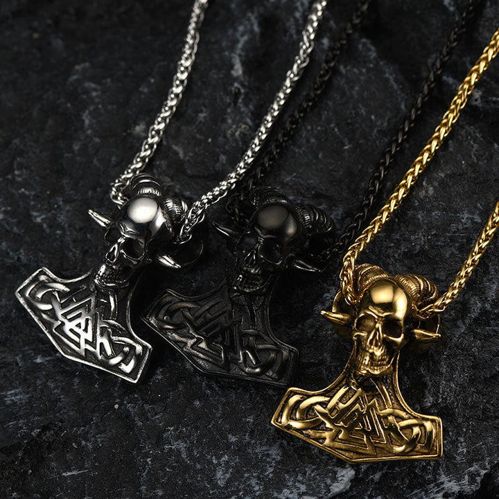 Viking Mjolnir Thor's Hammer Skull Necklace Pendant for Men
