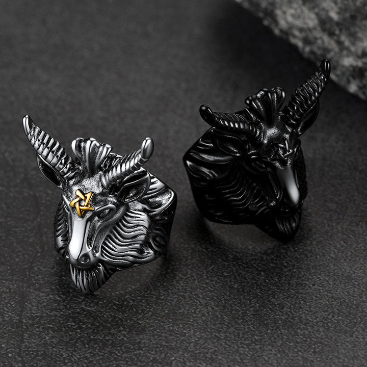 Satanic Baphomet Goat Ring For Men With Pentagram