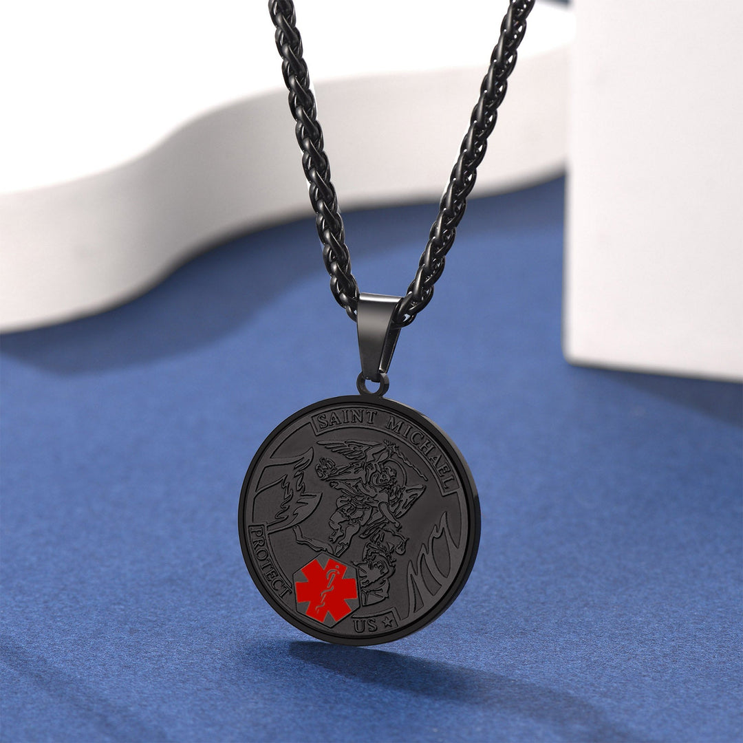 Engraved Saint Michael Medical Alert ID Pendant Necklace