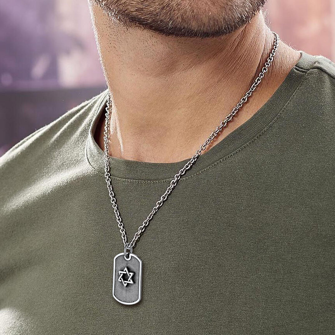 Engraved Jewish Star Of David Dog Tag Necklace For Men