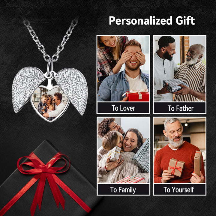 Custom Angel Wings Photo Locket Necklace for Women