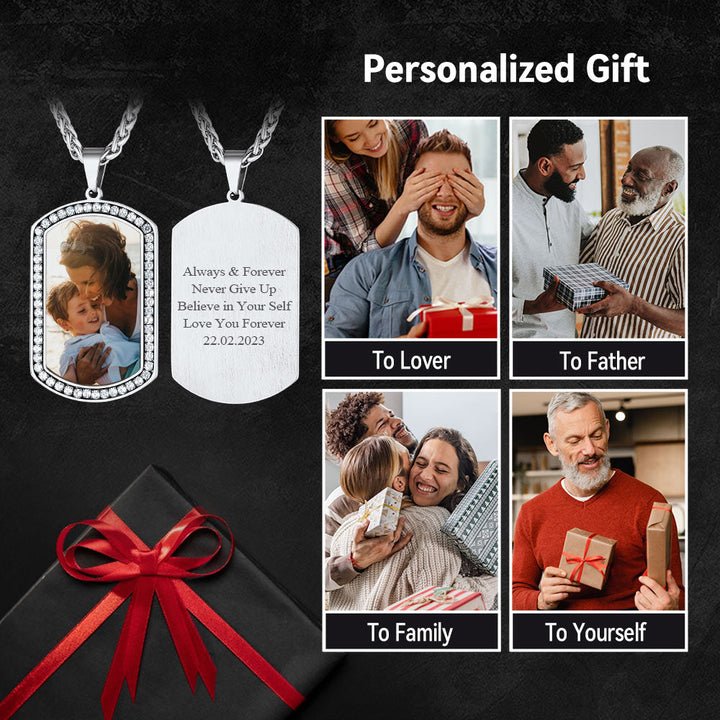 Customized Picture Dog Tag Necklace with Cubic Zirconia Memorial Gift for Men Women