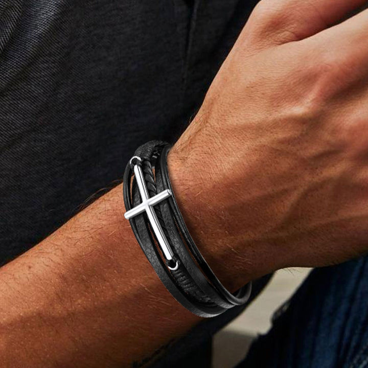 Christian Cross Multi-Layer Braided Leather Bracelet for Men