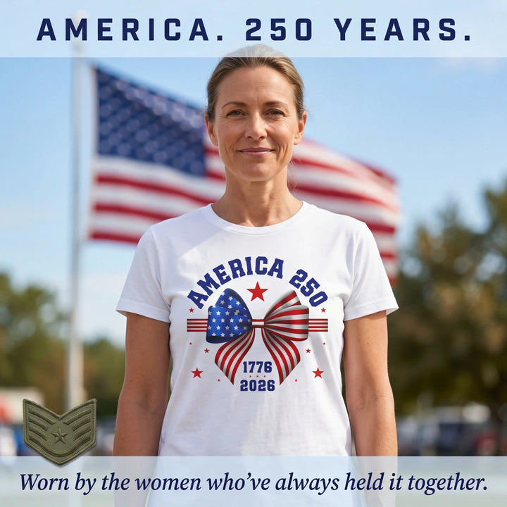 The America 250 Bow Tee — Proud, Pretty, Patriotic