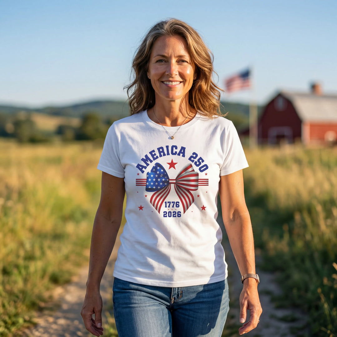 The America 250 Bow Tee — Proud, Pretty, Patriotic