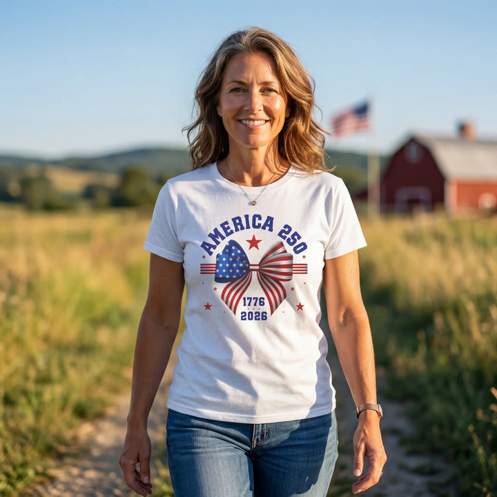 The America 250 Bow Tee — Proud, Pretty, Patriotic