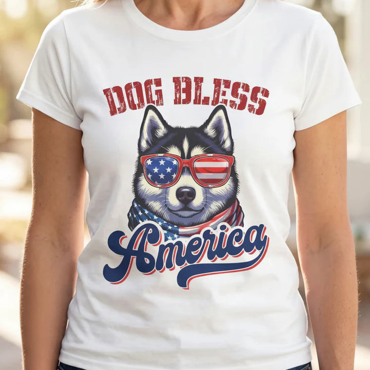 Patriotic Husky Tee - "Dog Bless America"