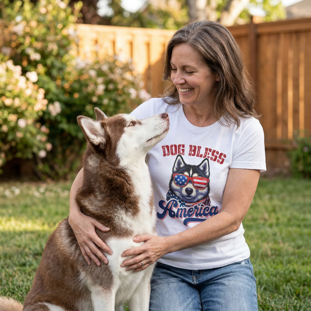 Patriotic Husky Tee - "Dog Bless America"