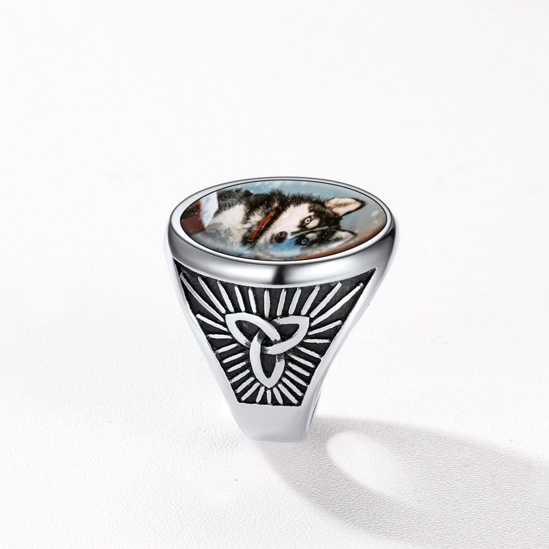 Personalized Custom Celtic Triquetra Signet Ring with Photo for Men