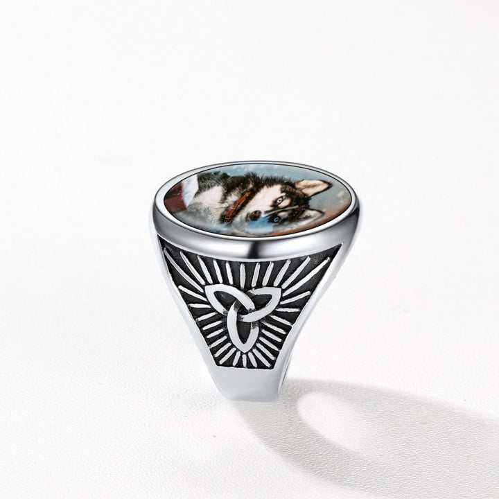 Personalized Custom Celtic Triquetra Signet Ring with Photo for Men