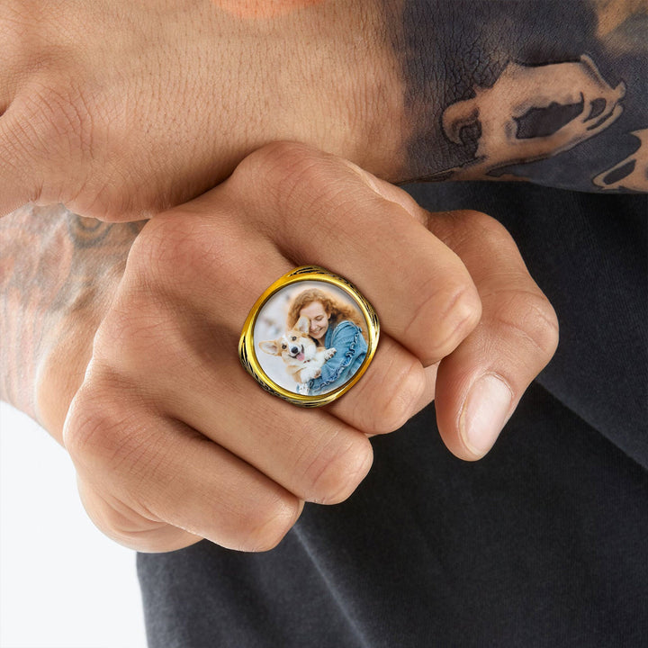 Personalized Custom Celtic Triquetra Signet Ring with Photo for Men