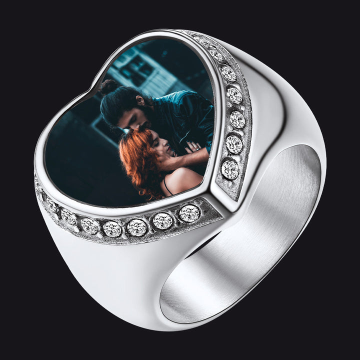 Personalized Custom Heart Photo Signet Ring for Women Men