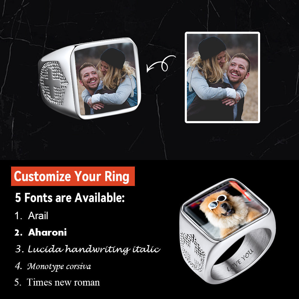 Customized Photo Signet Ring With Cross for Men Women