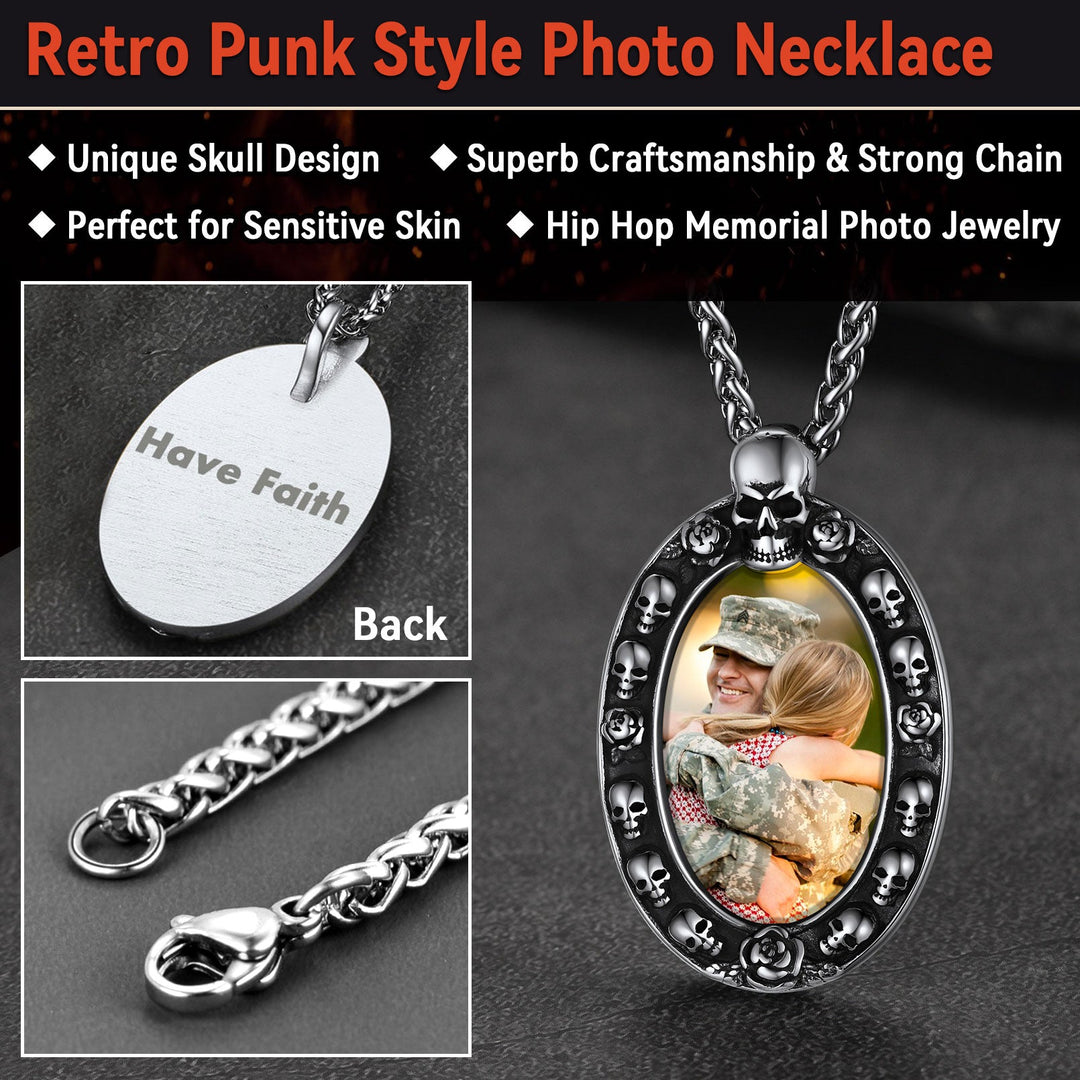 Personalized Photo Pendant Necklace with Skull for Men and Women