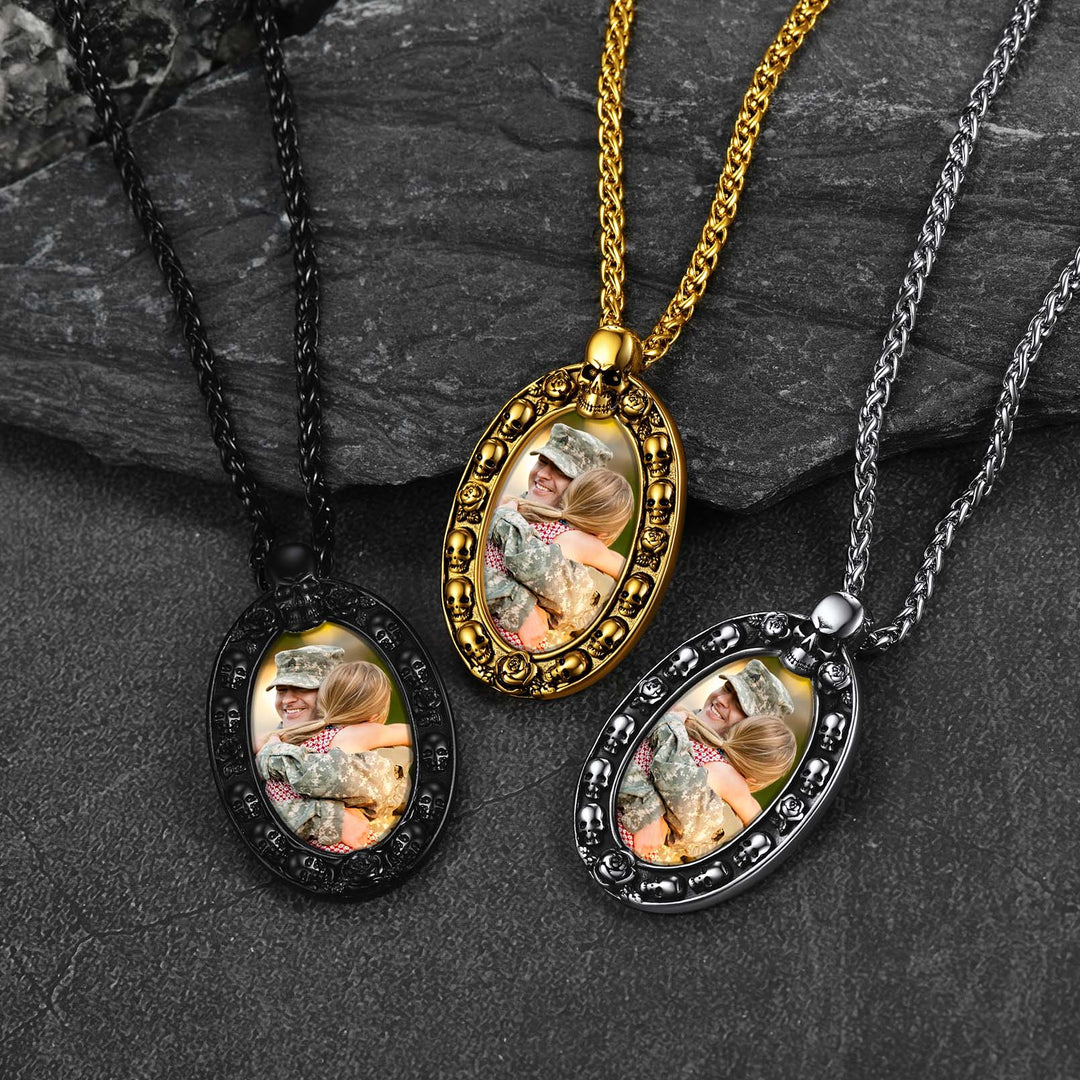 Personalized Photo Pendant Necklace with Skull for Men and Women