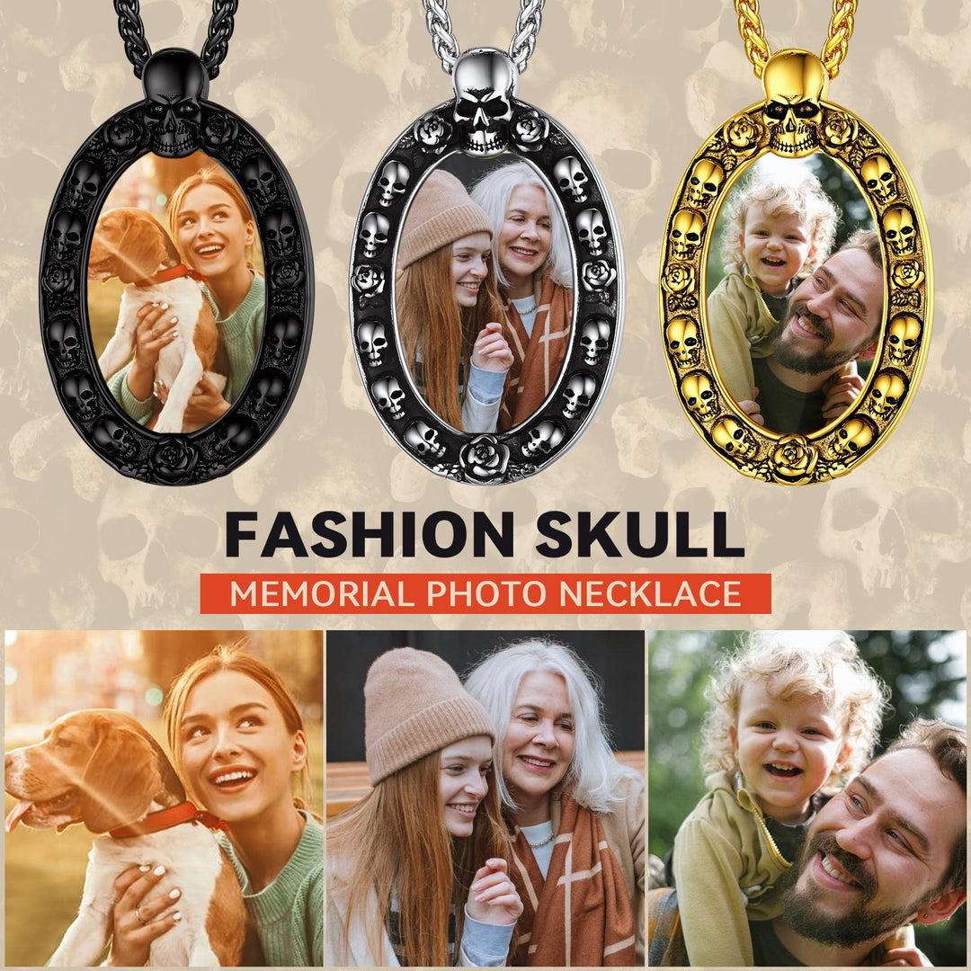 Personalized Photo Pendant Necklace with Skull for Men and Women