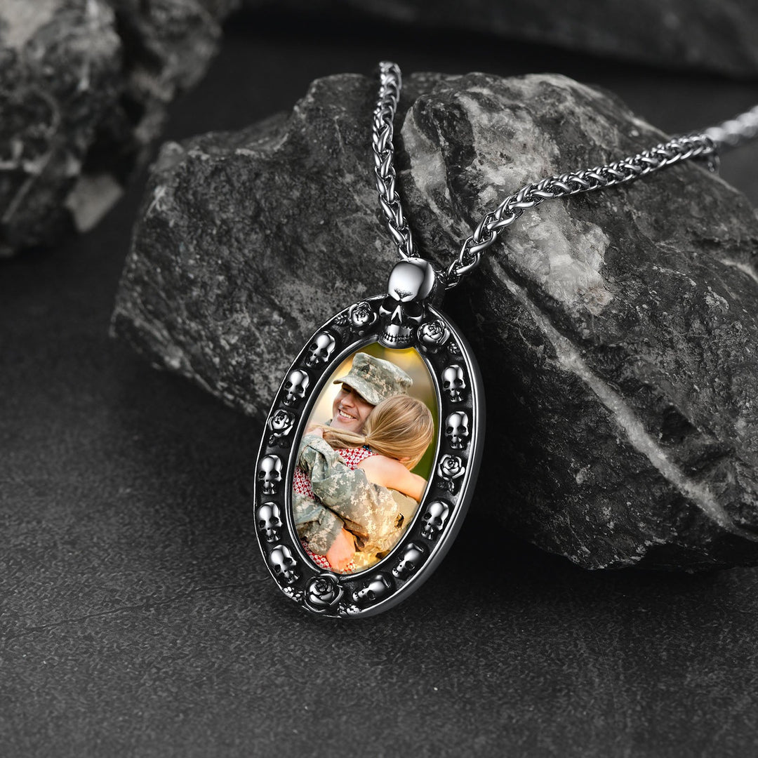 Personalized Photo Pendant Necklace with Skull for Men and Women