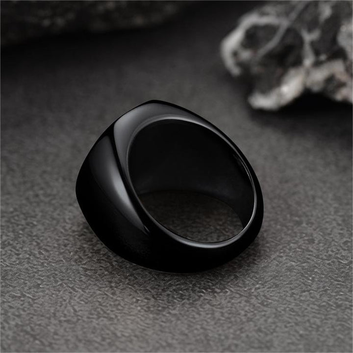 Round Black Onyx Signet Ring for Men Stainless Steel