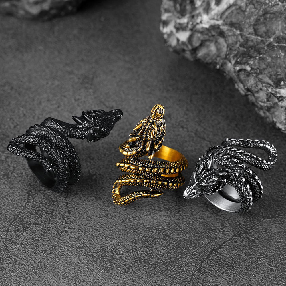 Punk Coiled Dragon Stainless Steel Ring for Men and Women