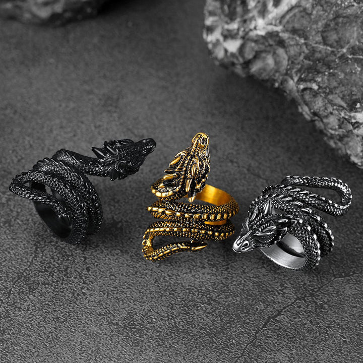 Punk Coiled Dragon Stainless Steel Ring for Men and Women